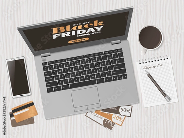 Fototapeta Online shopping concept. Black friday sale. Workspace with laptop, smartphone, credit cards and discount coupons. Top view, flat lay. Vector illustration