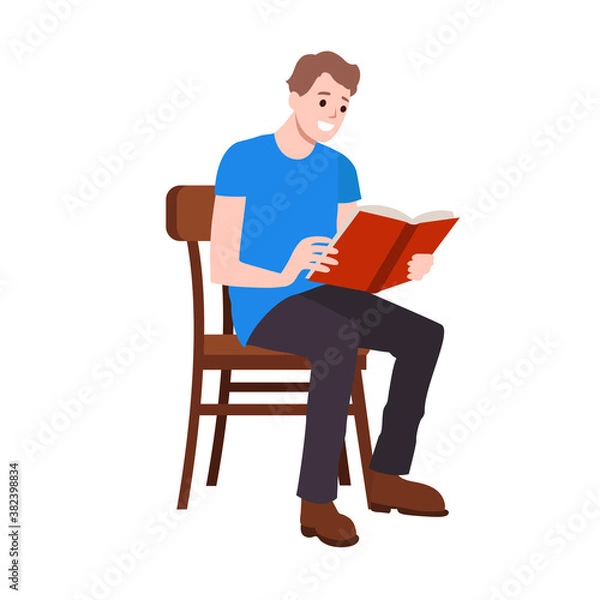 Fototapeta Flat man with home clothes reading book. Concept relax student character, room, day. Vector illustration. isolated on white background