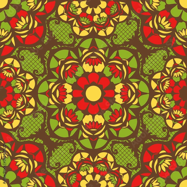 Fototapeta Seamless vector pattern Moroccan style lace texture with red and green colours. Simple ethnic tribal background. Mosaic fashion textile.
