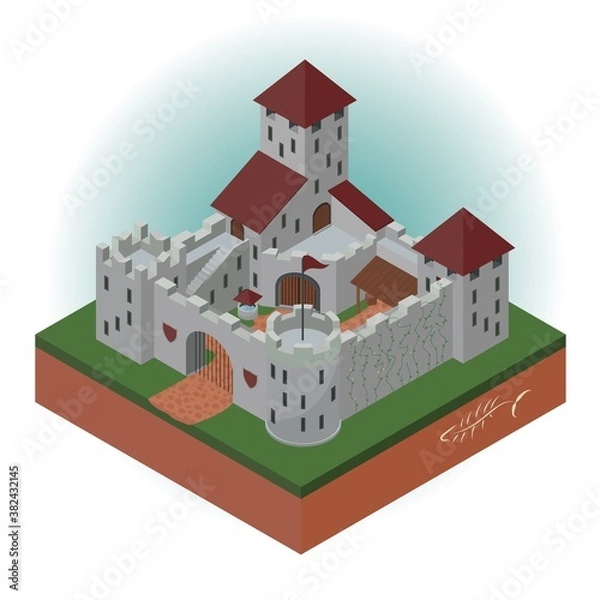 Fototapeta Medieval castle with towers and gates in an isometric projection. Vector illustration.
