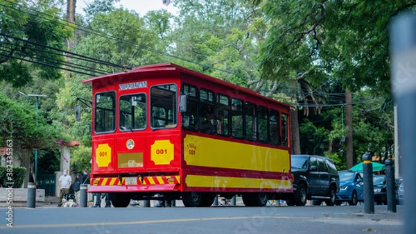 Fototapeta Low Angle View of a Red and Yellow Trolley Car Surrounded by Trees