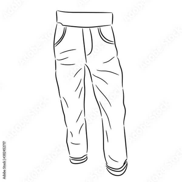 Fototapeta Pants jeans for children sketch from the contour black brush lines different thickness on white background. Vector illustration.