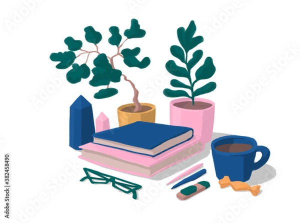 Fototapeta warm cozy home, self-study, freelance, work at home, working home,on table, work with cup of coffee, freelancer, work place, self-isolation