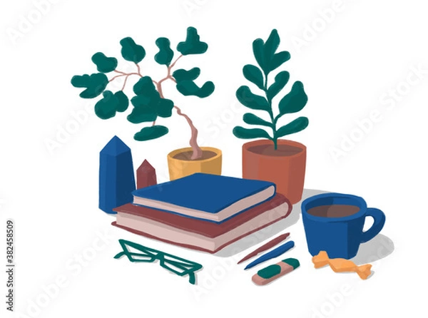 Fototapeta warm cozy home, self-study, freelance, work at home, working home,on table, work with cup of coffee, freelancer, work place, self-isolation