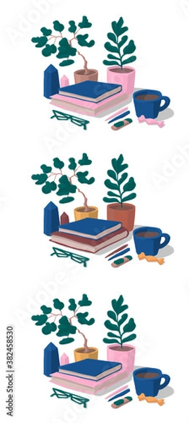 Fototapeta set read books, warm cozy home, self-study, freelance, work at home, working home,on table, work with cup of coffee, freelancer, work place, self-isolation