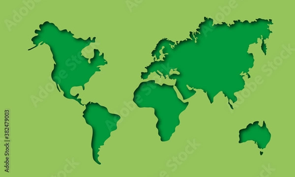 Obraz Papercut style world map. Planet Earth. Stylized dark greencontinents on a light green background