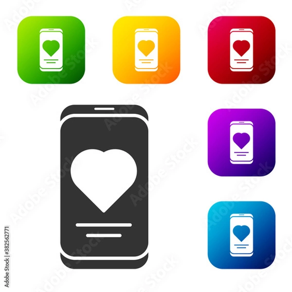 Fototapeta Black Smartphone with heart rate monitor function icon isolated on white background. Set icons in color square buttons. Vector.