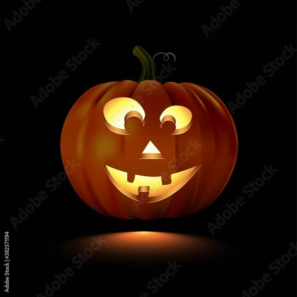 Fototapeta Glowing Halloween pumpkin with smiling face isolated on black background. Vector design element.