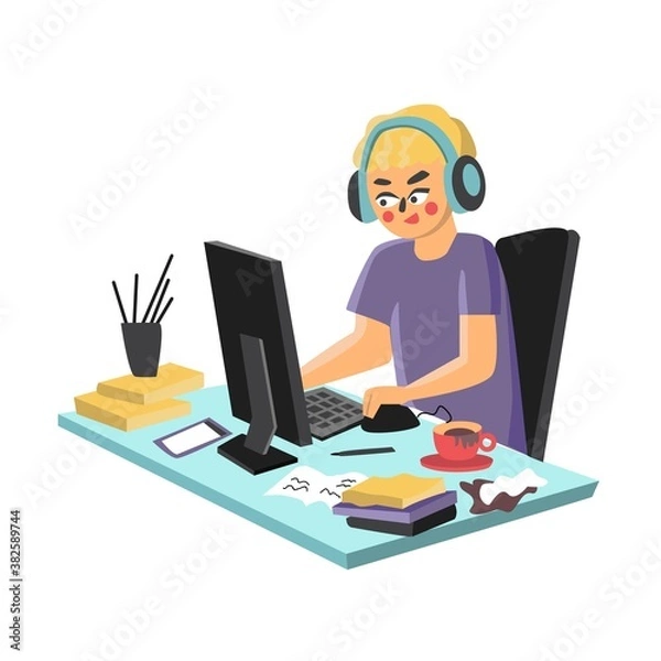 Fototapeta freelancer programmer. computer teenager boy. geek character
