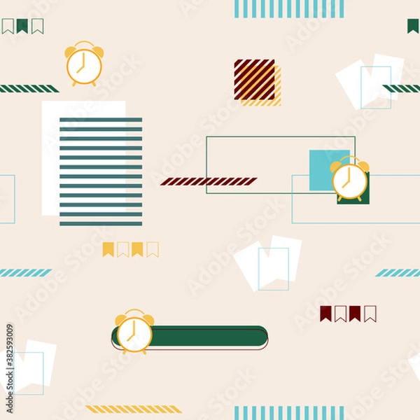 Fototapeta Time and papers in geometric seamless pattern. Business vector concept for presentation, decorate, background, wallpaper, banner and greeting card.