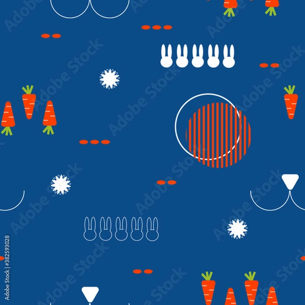 Fototapeta Rabbits and carrots in geometric seamless pattern. Cute vector illustration. Concept design for wallpaper, decorate, web banner, greeting card and etc.