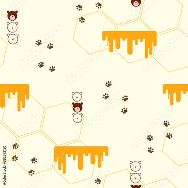 Fototapeta Bears and honey in geometric seamless pattern. Cute vector illustration. Concept design for wallpaper, decorate, web banner, greeting card and etc.
