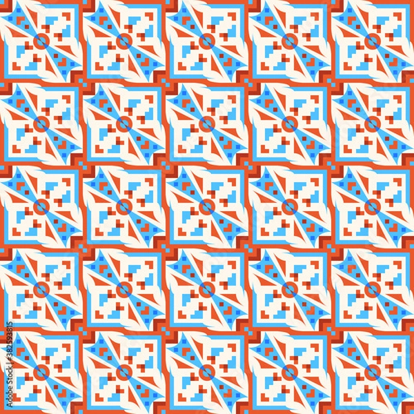 Fototapeta Abstract vintage mosaic seamless pattern. Creative vector illustration with orange and blue background. Concept for background, decor, fabric, banner, invitation card