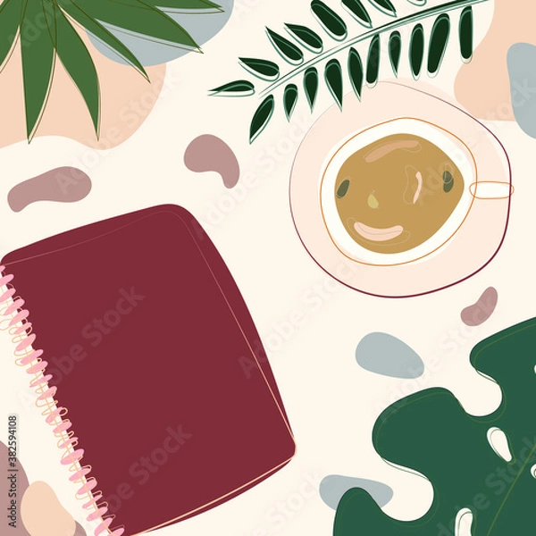 Obraz Coffee and notebook paper with leaf around. Creative modern vector illustration with line frame. Breakfast concept