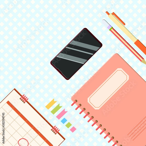 Fototapeta Online self-learning concept with stationary lay on workspace. Creative vector flat design illustration.