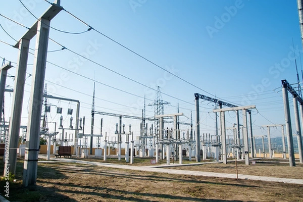 Fototapeta high-voltage substation with switches and disconnectors