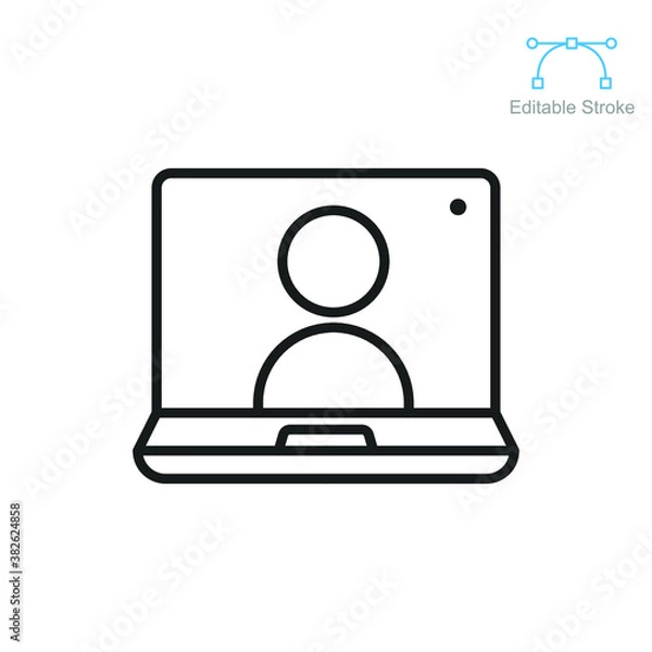 Fototapeta Webinar in laptop screen icon. Digital communication in business meeting  or online based learning. Virtual classroom with human avatar. Editable stroke vector illustration Design on white back EPS 10