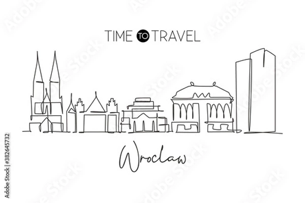 Obraz One single line drawing of Wroclaw city skyline, Poland. Historical skyscraper landscape in world. Best holiday destination wall decor poster. Trendy continuous line draw design vector illustration