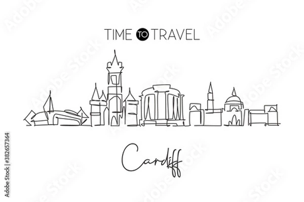 Fototapeta One single line drawing of Cardiff city skyline, Wales. Historical town landscape in the world. Best holiday destination poster. Editable stroke trendy continuous line draw design vector illustration