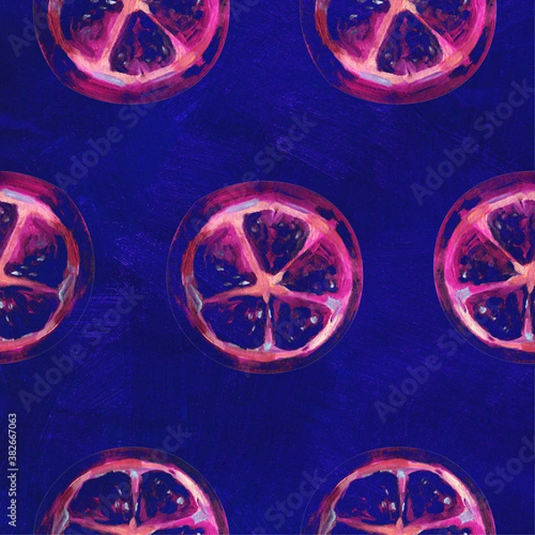 Obraz Tropical seamless pattern with grapefruit. Fruit repeating background. Bright raster print for fabric or wallpaper. The picture is made by hand. Design. Grapefruit is painted in oil. Citrus fruit