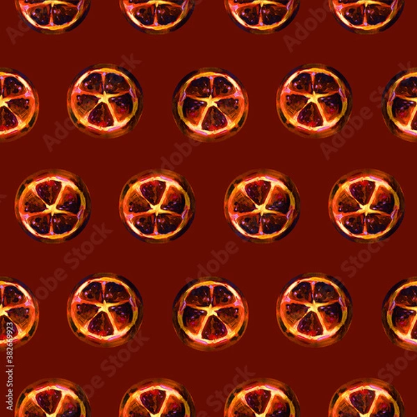 Obraz Tropical seamless pattern with grapefruit. Fruit repeating background. Bright raster print for fabric or wallpaper. The picture is made by hand. Design. Grapefruit is painted in oil. Citrus fruit