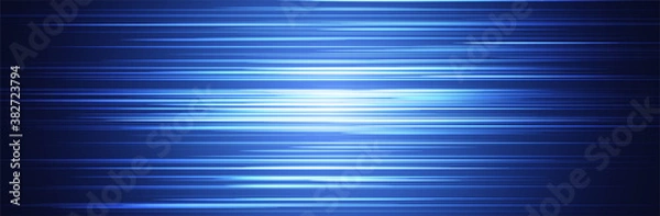 Obraz Blue abstract line pattern. Random horizontal stripes. Wide background. Bright center with dark parts around. Information or data transfer concept. Technology vector illustration. Thin lines
