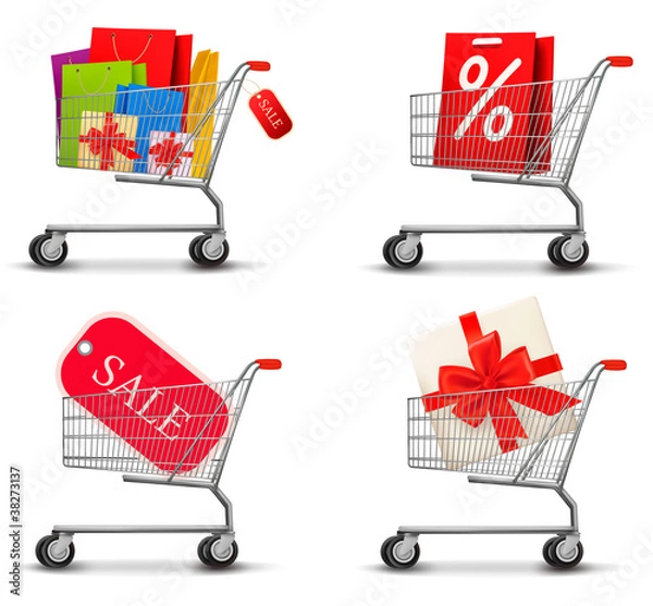 Fototapeta Collection Set of shopping carts of shopping bags and boxes.