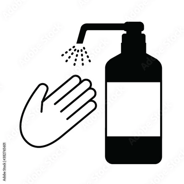 Fototapeta 黒のボトルから出たスプレーで手のひらを消毒