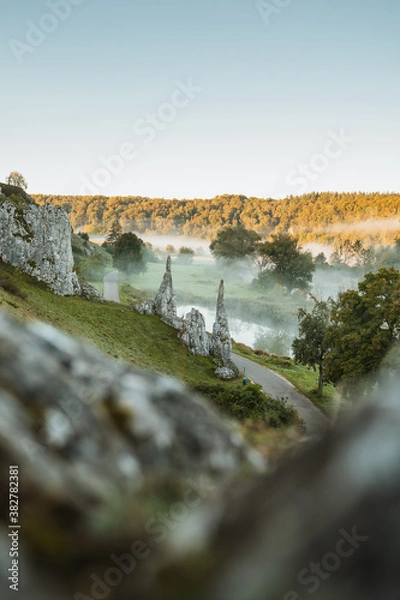 Fototapeta Steinerne Jungfrauen im Eselsbruger Tal bei Heidenheim. Früh am Morgen mit Nebel über der Brenz