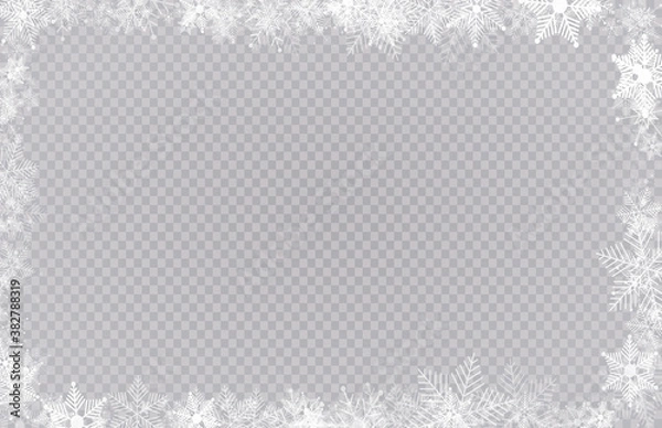 Fototapeta Rectangular winter snow frame border with stars, sparkles and snowflakes on transparent background. Festive christmas banner, new year greeting card, postcard or invitation vector illustration