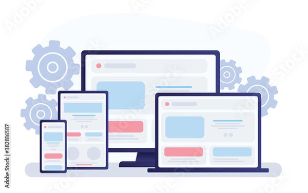 Obraz Adaptive programming icons set. Multi device development, software engineering. Responsive web design, The website is open on computer, laptop, tablet and smartphone. Flat vector /Icon illustration.