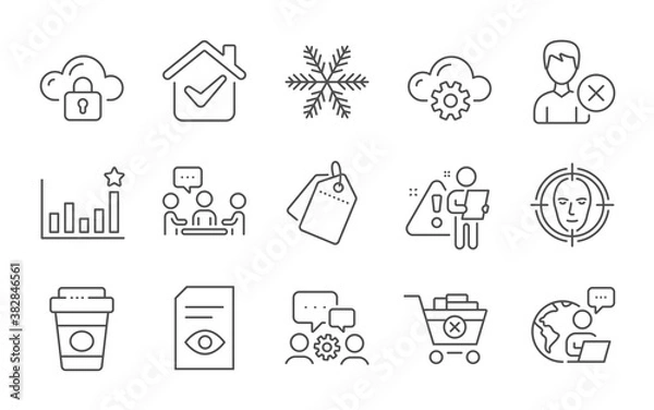 Fototapeta People chatting, Snowflake and Sale tags line icons set. Face detect, Cloud protection and Engineering team signs. Takeaway coffee, Efficacy and Remove purchase symbols. Line icons set. Vector