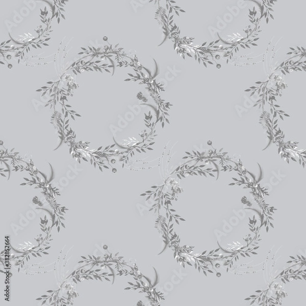Fototapeta Seamless Christmas Silver Pattern in 3D illustration of silver Christmas Wreath on grey background. Luxury wrapping paper concept