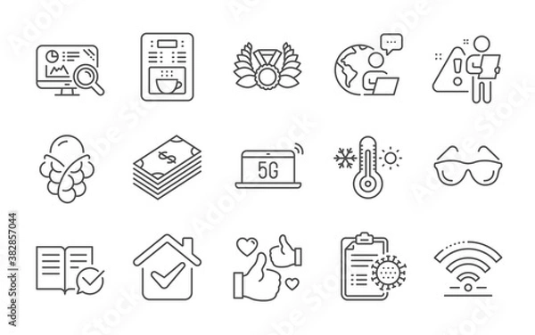 Fototapeta Laureate medal, Thermometer and Eyeglasses line icons set. Dollar, Wifi and Coffee maker signs. Like, 5g notebook and Ice cream symbols. Line icons set. Vector