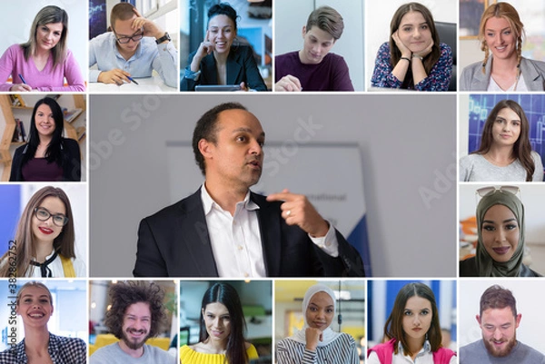 Fototapeta Online remote learning. Digital video conference chat with students. Teaching and learning from home during quarantine and coronavirus outbreak.