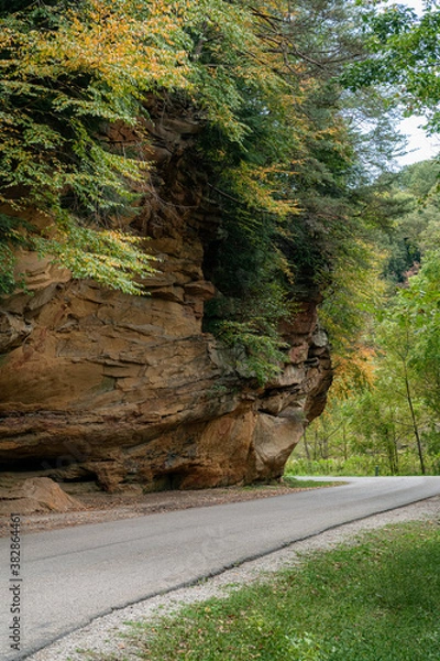 Fototapeta Fall colored trees and shrubs overhang a beautiful stone faced cliff that further overhangs a scenic road through the hill country of Southeast Ohio