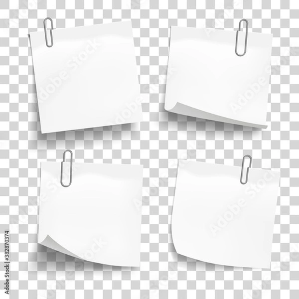Fototapeta White sheets of paper with metal paper clips. Metal paper clips attached to note papers. Vector illustration.