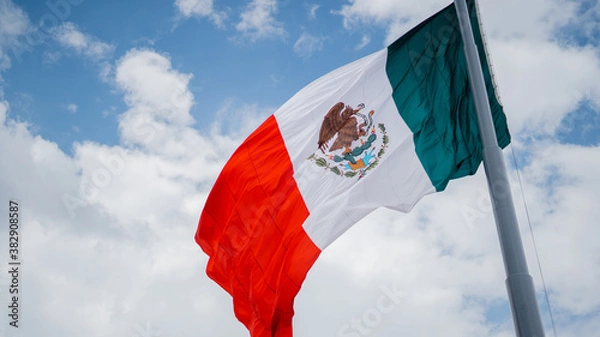 Fototapeta Mexican Flag Waving in the Wind Under a Cloudy Sky