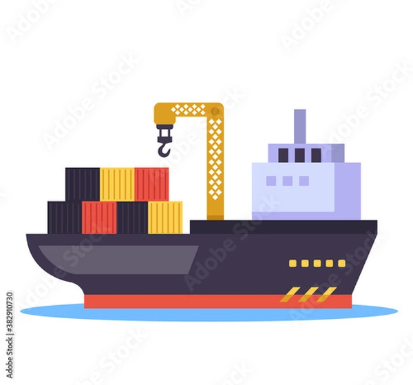 Fototapeta Cargo ship on isolated white background concept. Vector flat graphic design illustration