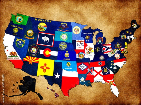 Obraz Map of USA with state flags
