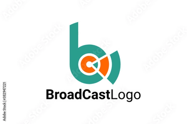 Fototapeta Flat vector logo for broadcast, broadcast studio, etc with illustration of target board and sound waves. Vector logo initial "b" or "bc" on light background