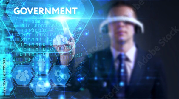 Fototapeta Business, technology, internet and network concept. Young businessman thinks over the steps for successful growth: Government