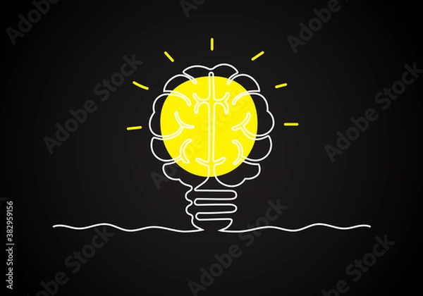 Fototapeta Continuous line Brain light bulb on black background, Icon or Emblem trendy linear style.