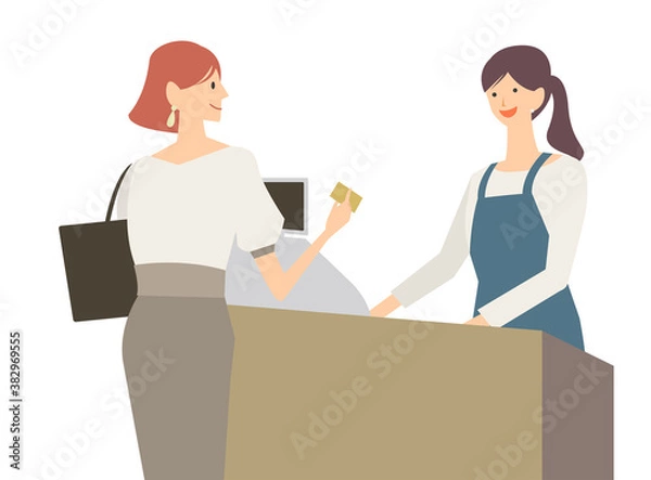 Obraz 買い物をしてレジで会計をする女性のイラスト　スマホキャシュレス