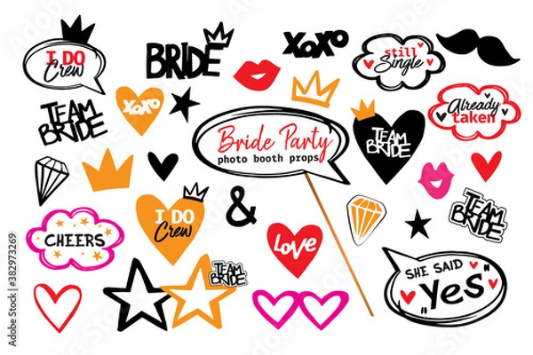 Obraz Wedding photo booth props isolated vector illustration on white background. Bride team party photo set for t-shirt print. Bachelorette party logo. Speach bridal props collection.