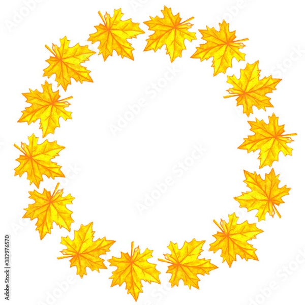 Fototapeta Watercolor autumn frame. Wreath made of hand drawn autumn maple leaves. Greeting card or Invitation