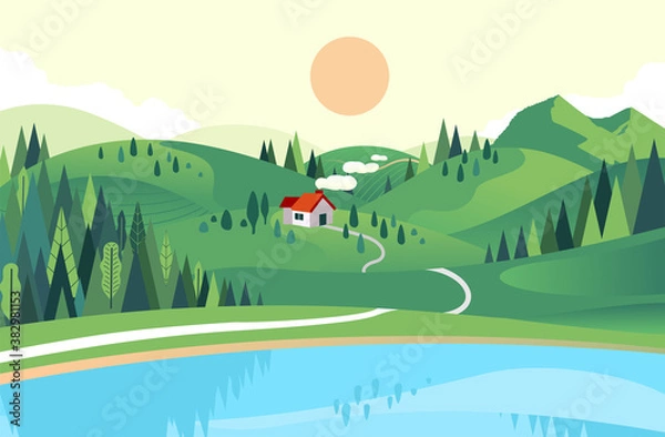 Fototapeta vector illustration in flat style of house in the hill with lake and forest near. beautiful landscape illustration