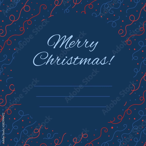 Fototapeta Merry Christmas greeting card in blue colors with confetti. Square winter holiday art template.