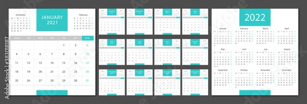 Fototapeta Calendar 2021, calendar 2022 week start Monday corporate design template vector.