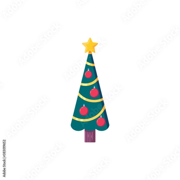 Fototapeta Xmas tree with garlands and star flat icon, vector sign, Festive Christmas tree colorful pictogram isolated on white. Symbol, logo illustration. Flat style design